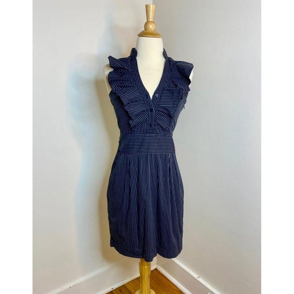 Express Design Studio Pinstripe Sleeveless Ruffle‎ Pocket Shift Dress